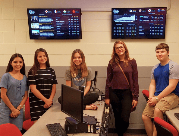Four female and one male student in a financial literacy lab surrounded by large TVs with financial data